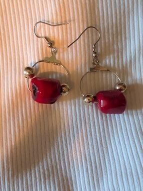 Red Coral and Black Sterling Silver Earrings